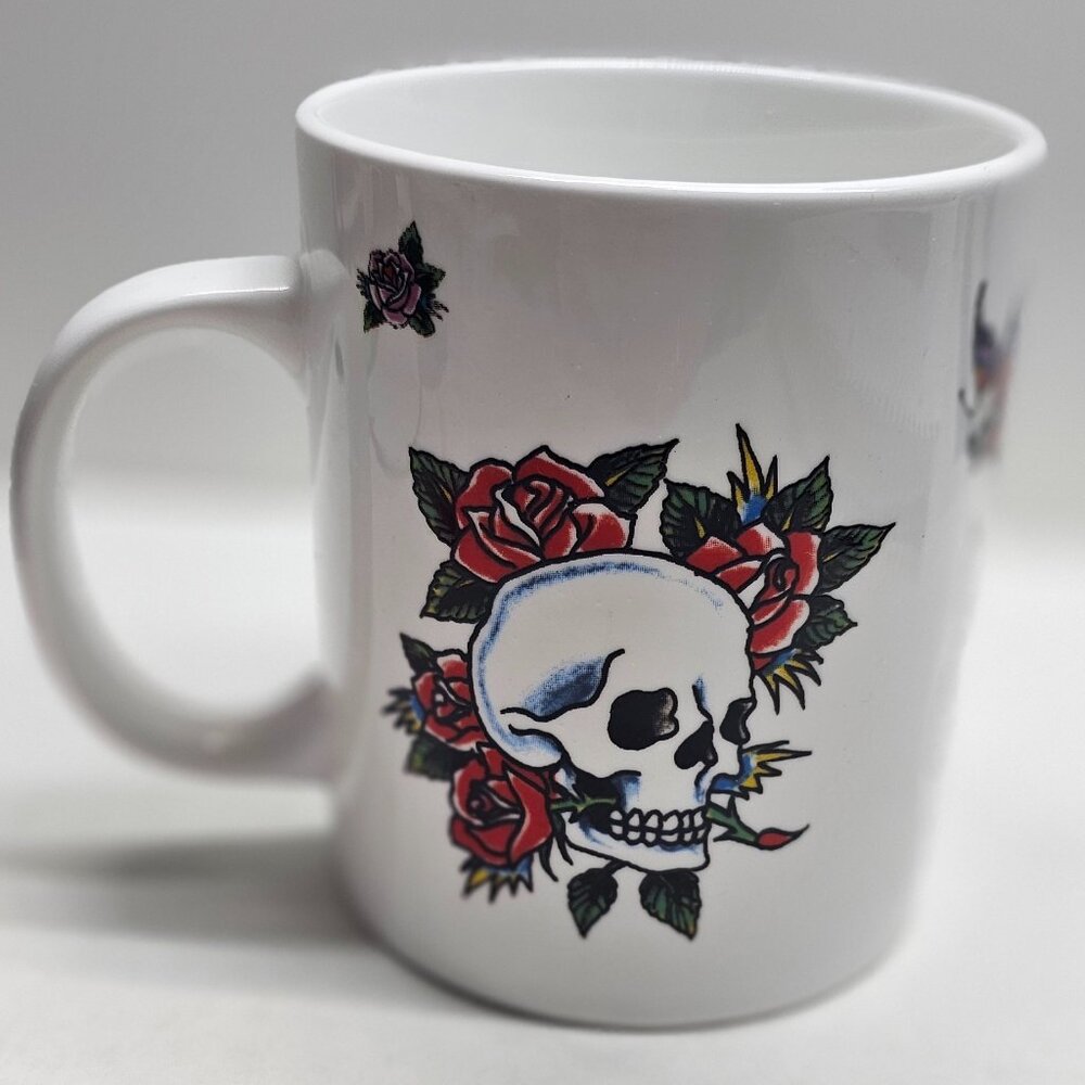 Skull And Roses Mug by Ed Hardy White -  Love Kills Slowly Design